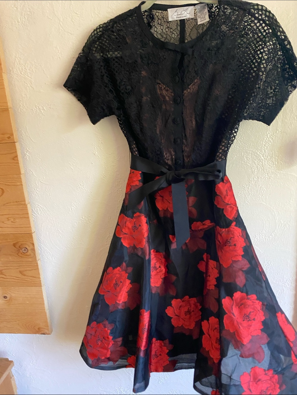 Byron Lars Black Lace Bodice with Red Floral Skirt Dress